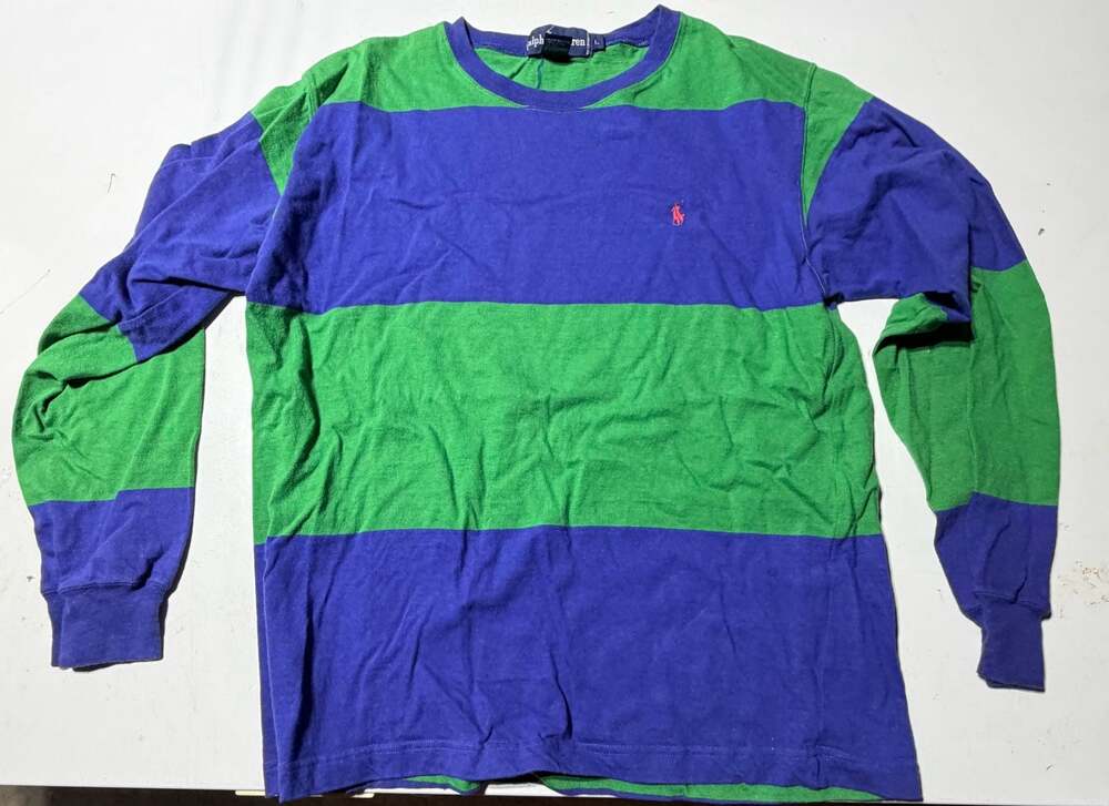 Vintage Ralph Lauren Striped Long Sleeve T-Shirt Green Blue Size L